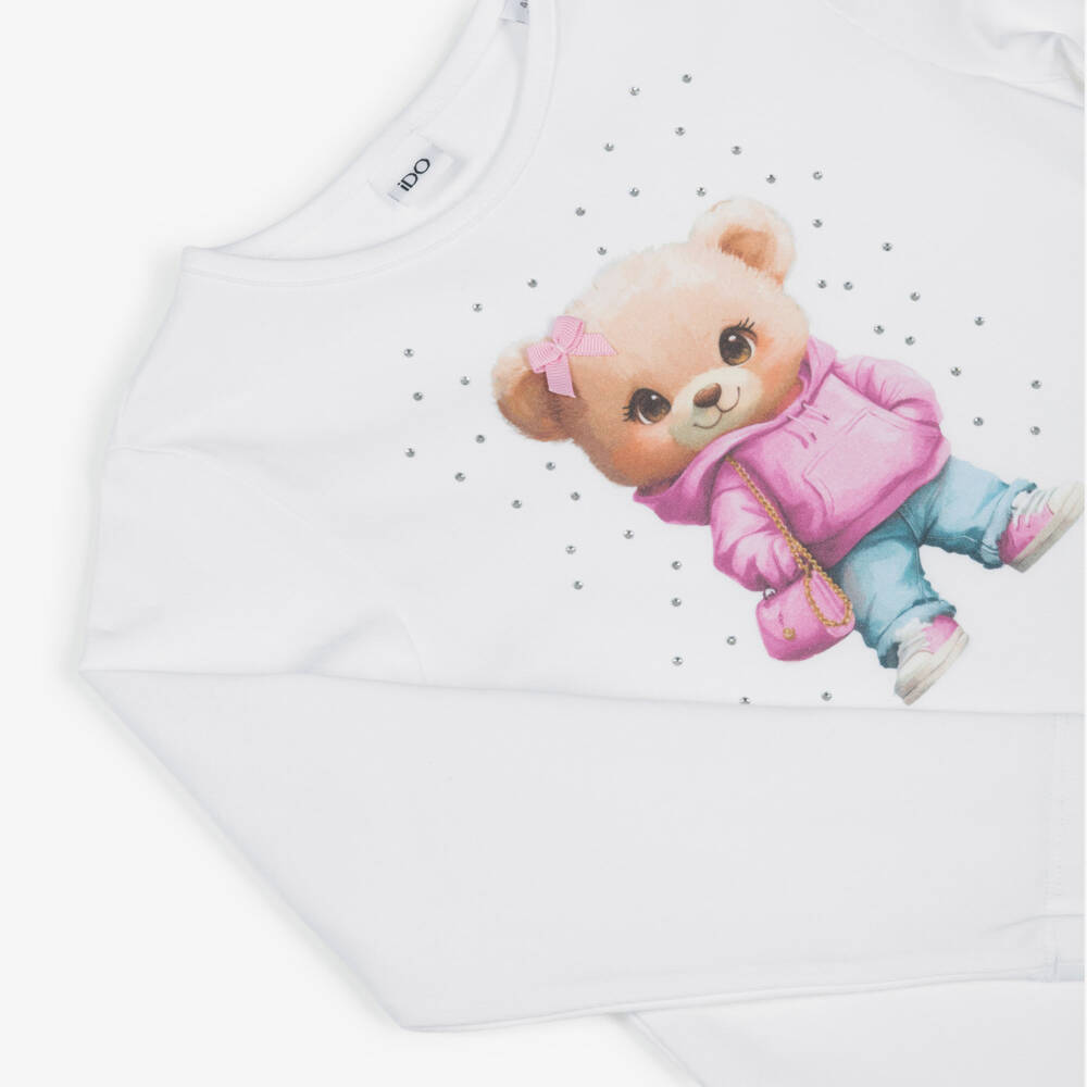 iDO-Топ с длинными рукавами белый хлопковый с мишкой для девочек | Childrensalon