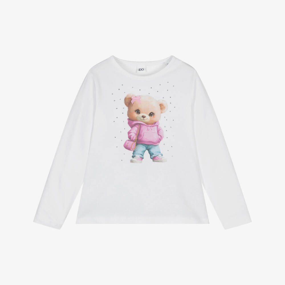 iDO-Топ с длинными рукавами белый хлопковый с мишкой для девочек | Childrensalon