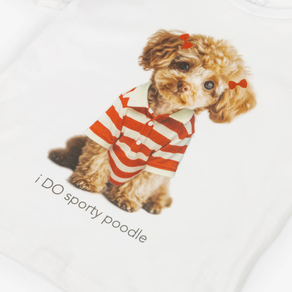iDO-Girls White Cotton Poodle Print T-Shirt | Childrensalon