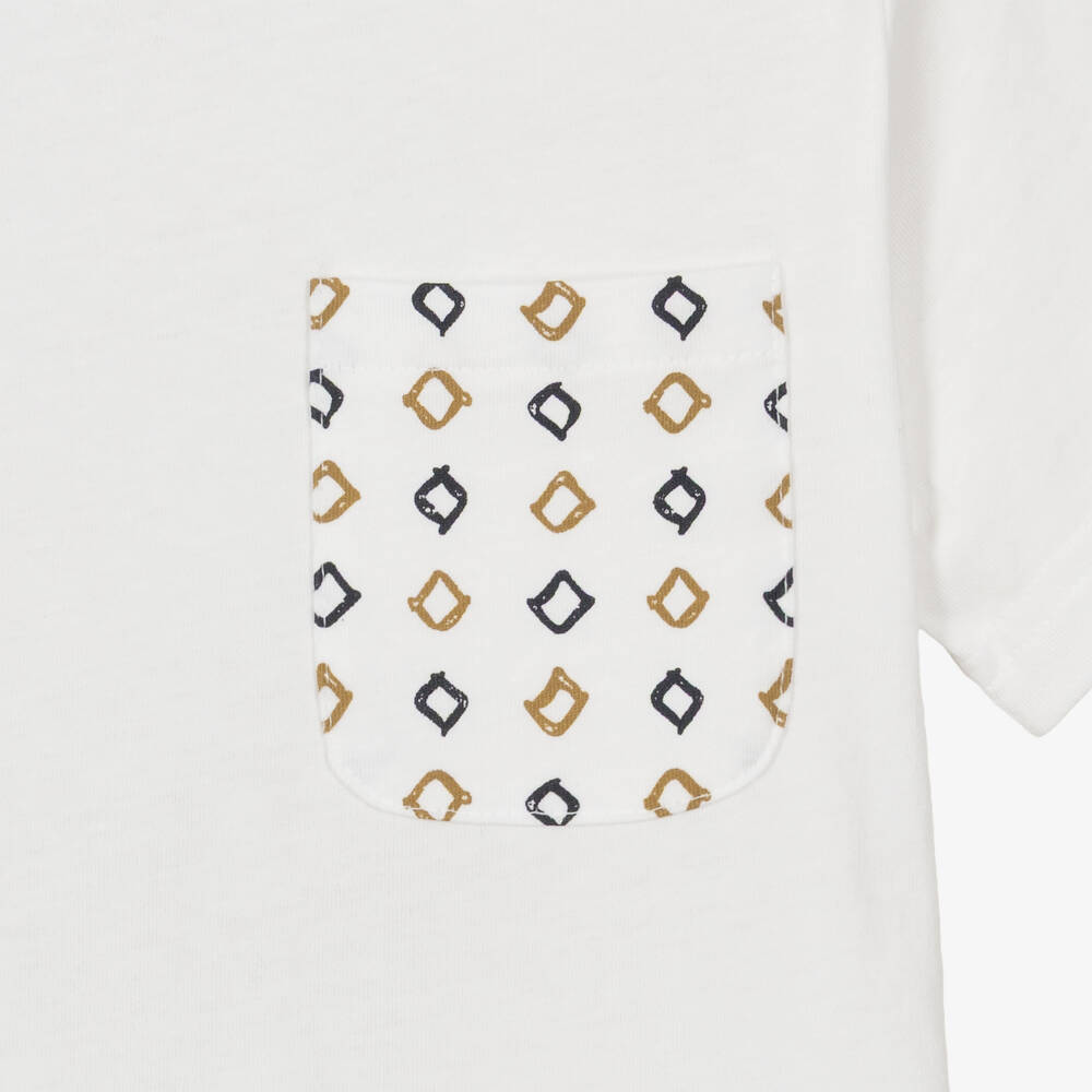 iDO-Girls White Cotton T-Shirt with Patterned Pocket | Childrensalon