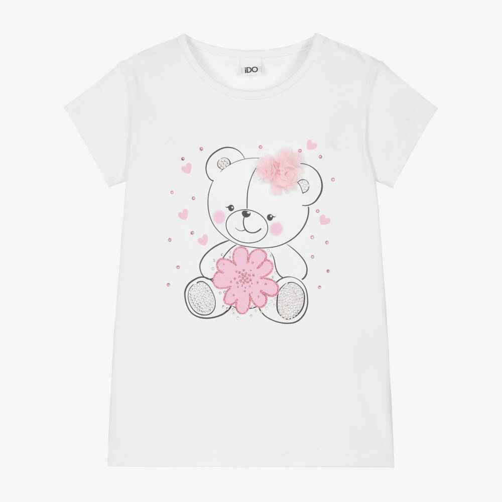 iDO-Футболка белая из хлопка с мишкой и стразами для девочек | Childrensalon