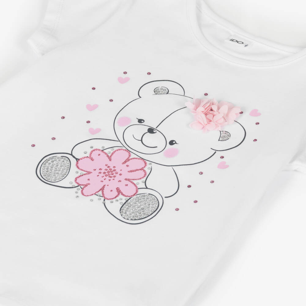 iDO-Футболка белая из хлопка с мишкой и стразами для девочек | Childrensalon