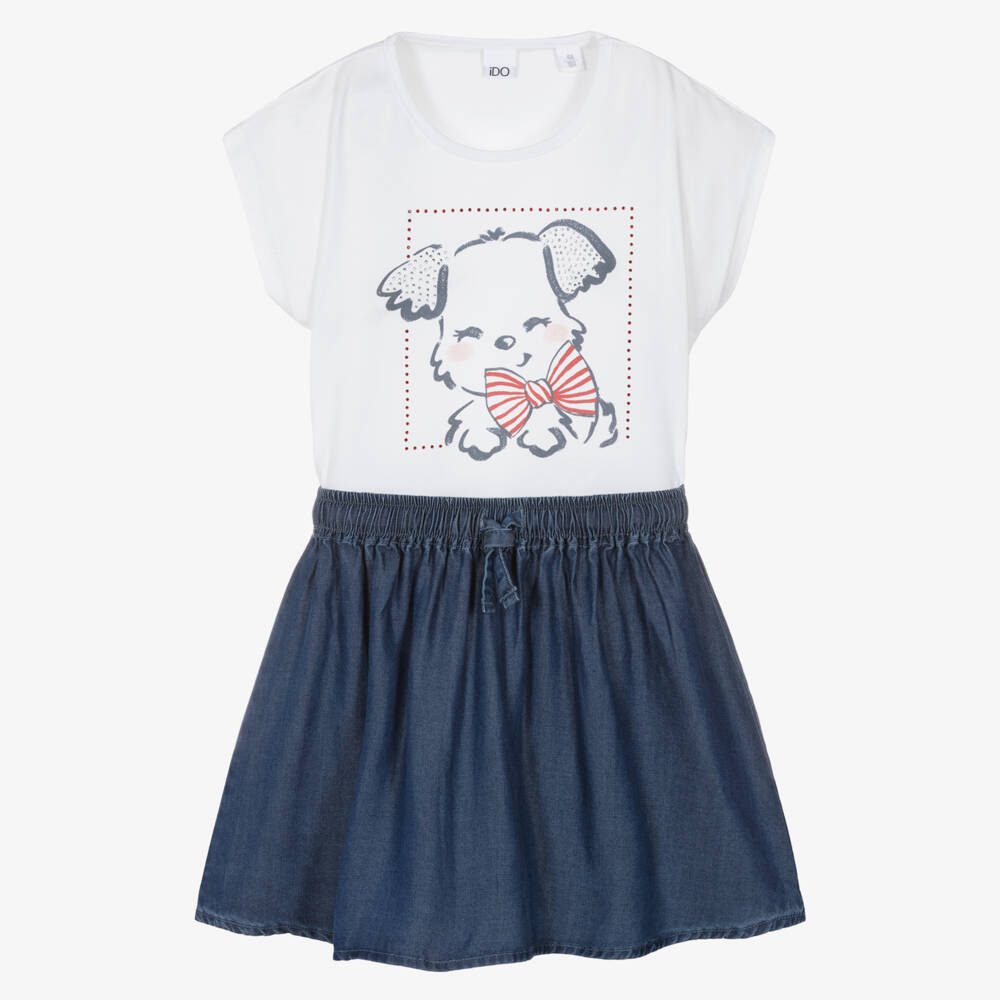 iDO-Girls White Cotton Top & Blue Chambray Skirt Set | Childrensalon