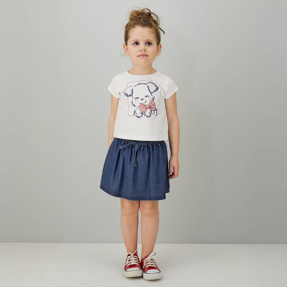 iDO-Girls White Cotton Top & Blue Chambray Skirt Set | Childrensalon