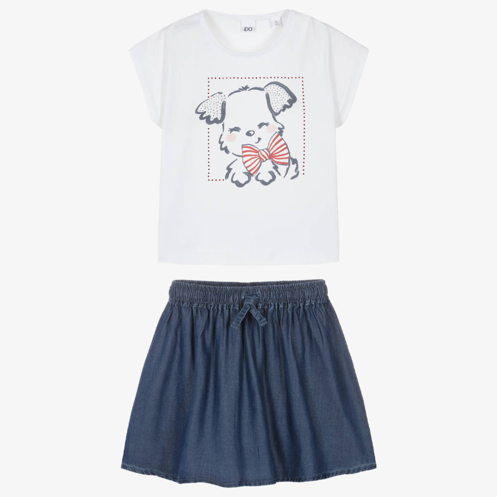 iDO-Girls White Cotton Top & Blue Chambray Skirt Set | Childrensalon
