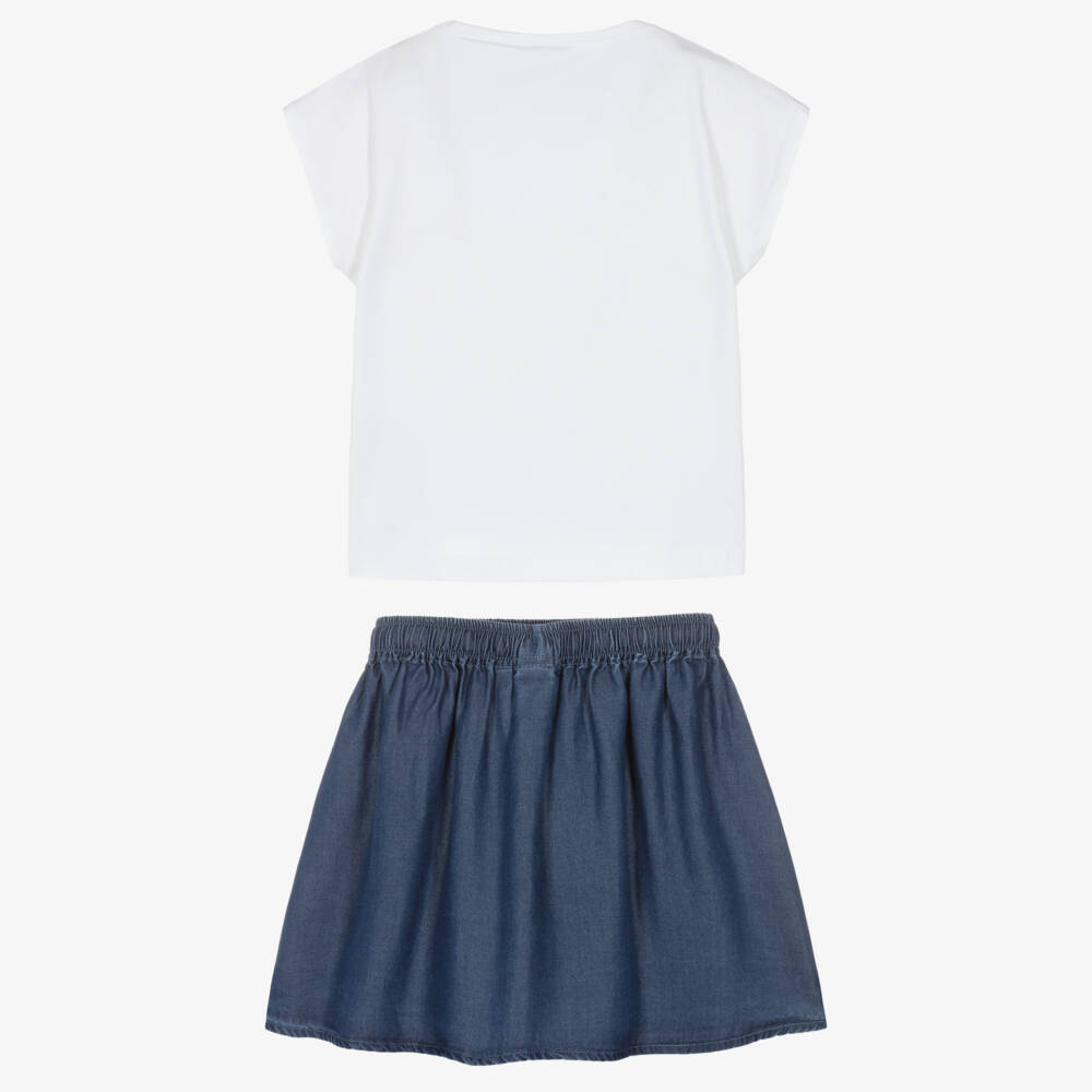 iDO-Girls White Cotton Top & Blue Chambray Skirt Set | Childrensalon