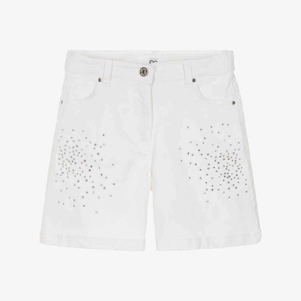 iDO-Girls White Cotton Twill Shorts with Diamantés & Silver Belt | Childrensalon
