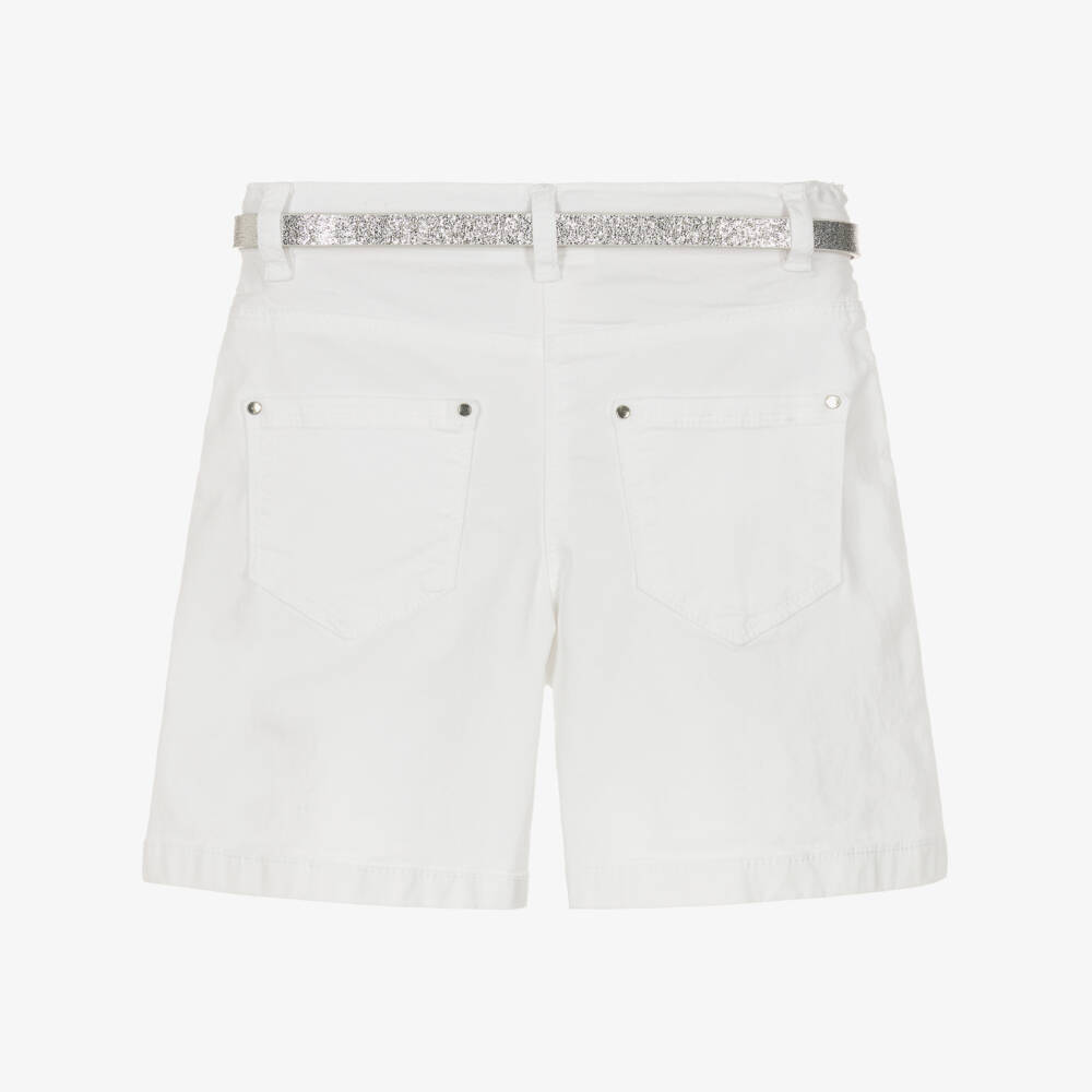 iDO-Girls White Cotton Twill Shorts with Diamantés & Silver Belt | Childrensalon