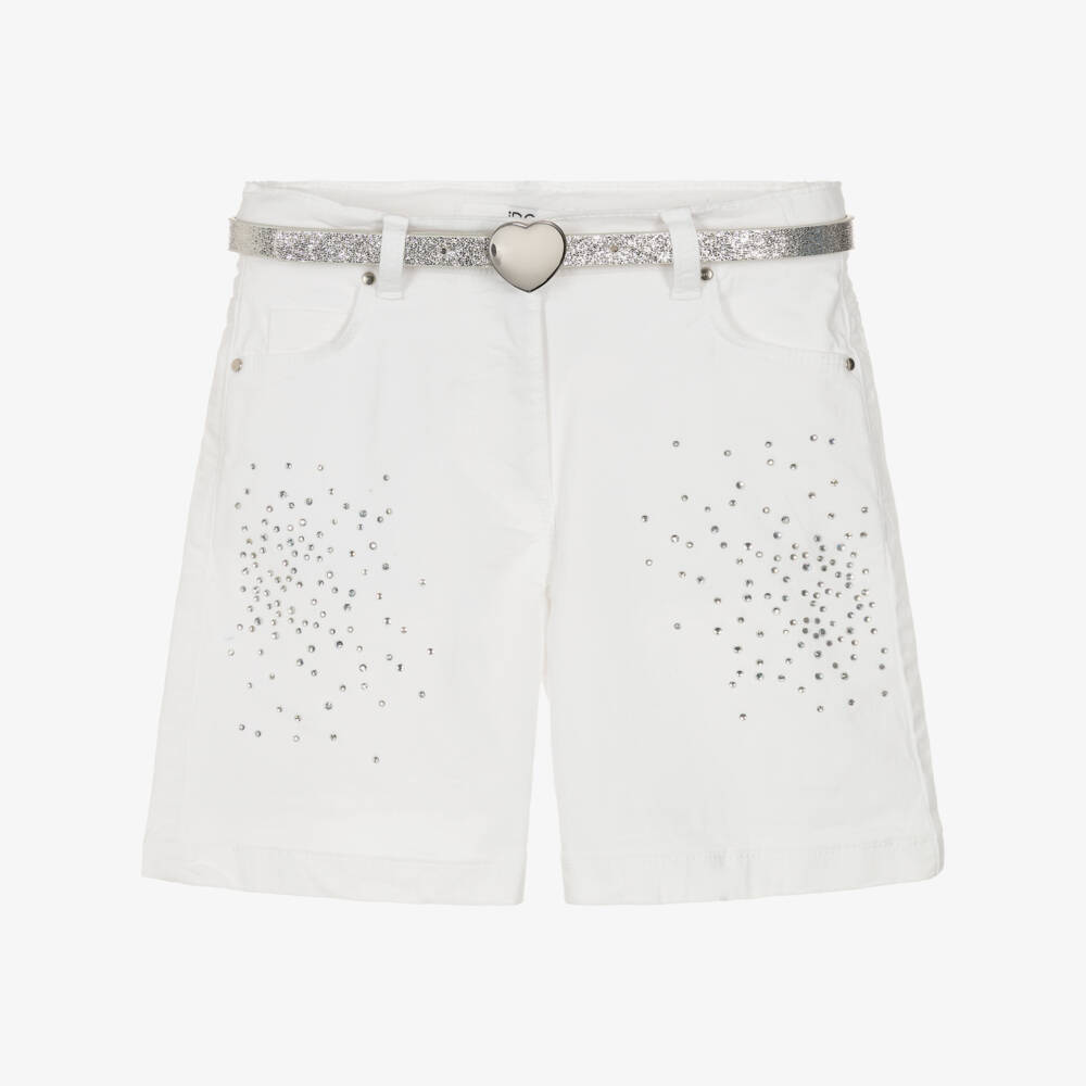 iDO-Girls White Cotton Twill Shorts with Diamantés & Silver Belt | Childrensalon