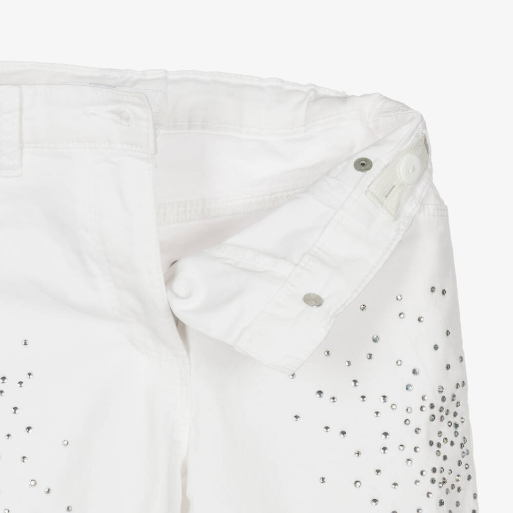 iDO-Girls White Cotton Twill Shorts with Diamantés & Silver Belt | Childrensalon