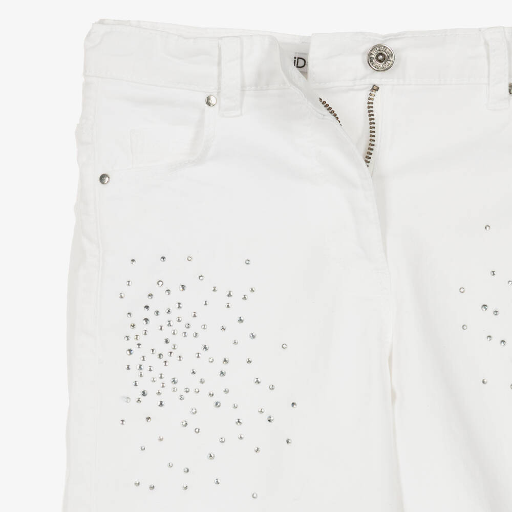 iDO-Girls White Cotton Twill Shorts with Diamantés & Silver Belt | Childrensalon