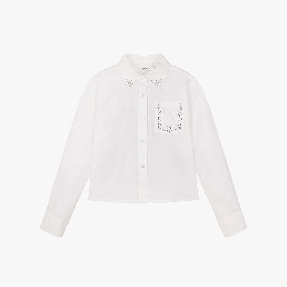 iDO-Girls White Embellished Cotton Shirt | Childrensalon
