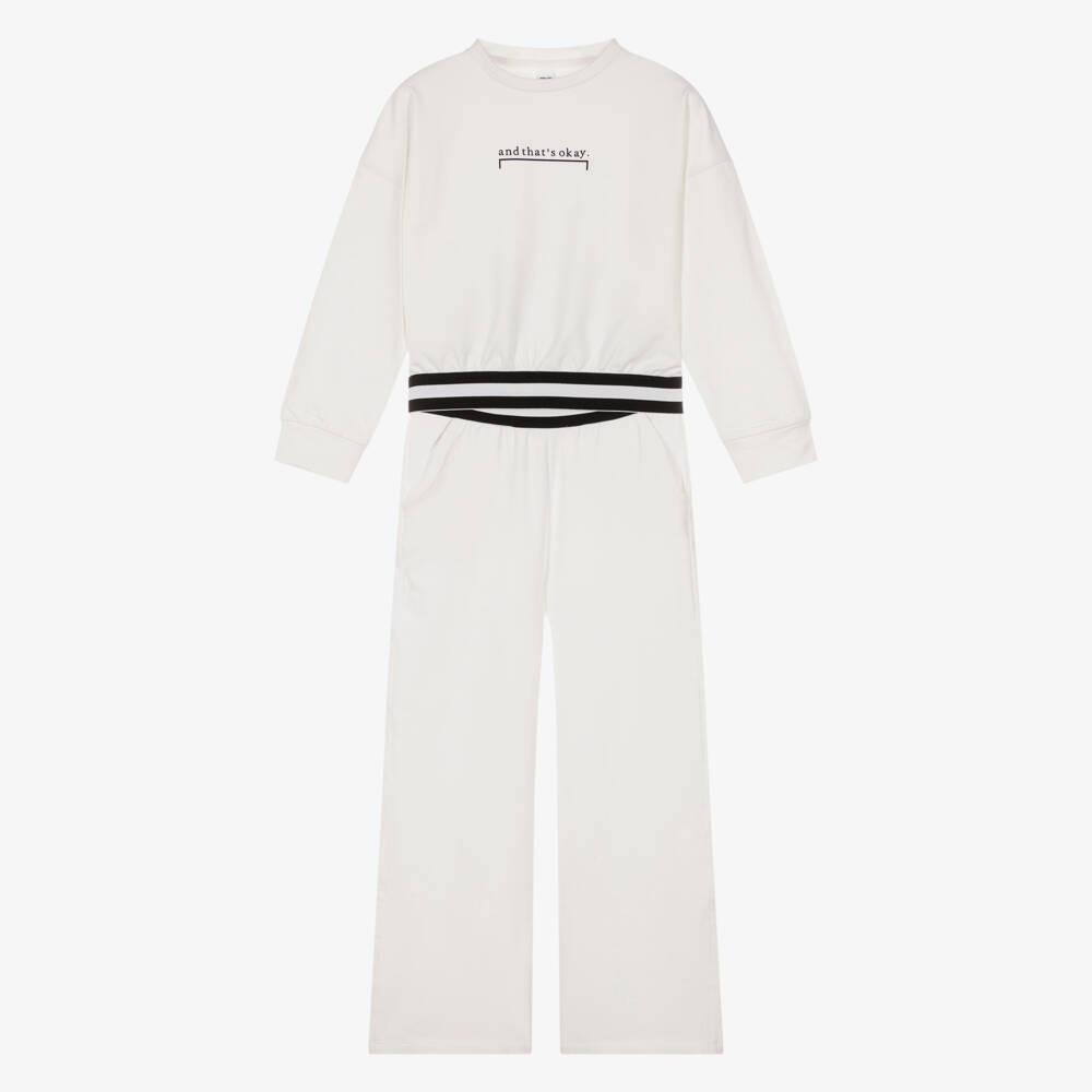 iDO-Girls White Jersey Tracksuit with Slogan Print | Childrensalon