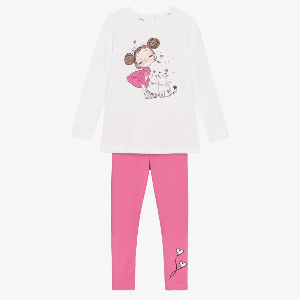 iDO-Girls White & Pink Cotton Leggings Set | Childrensalon