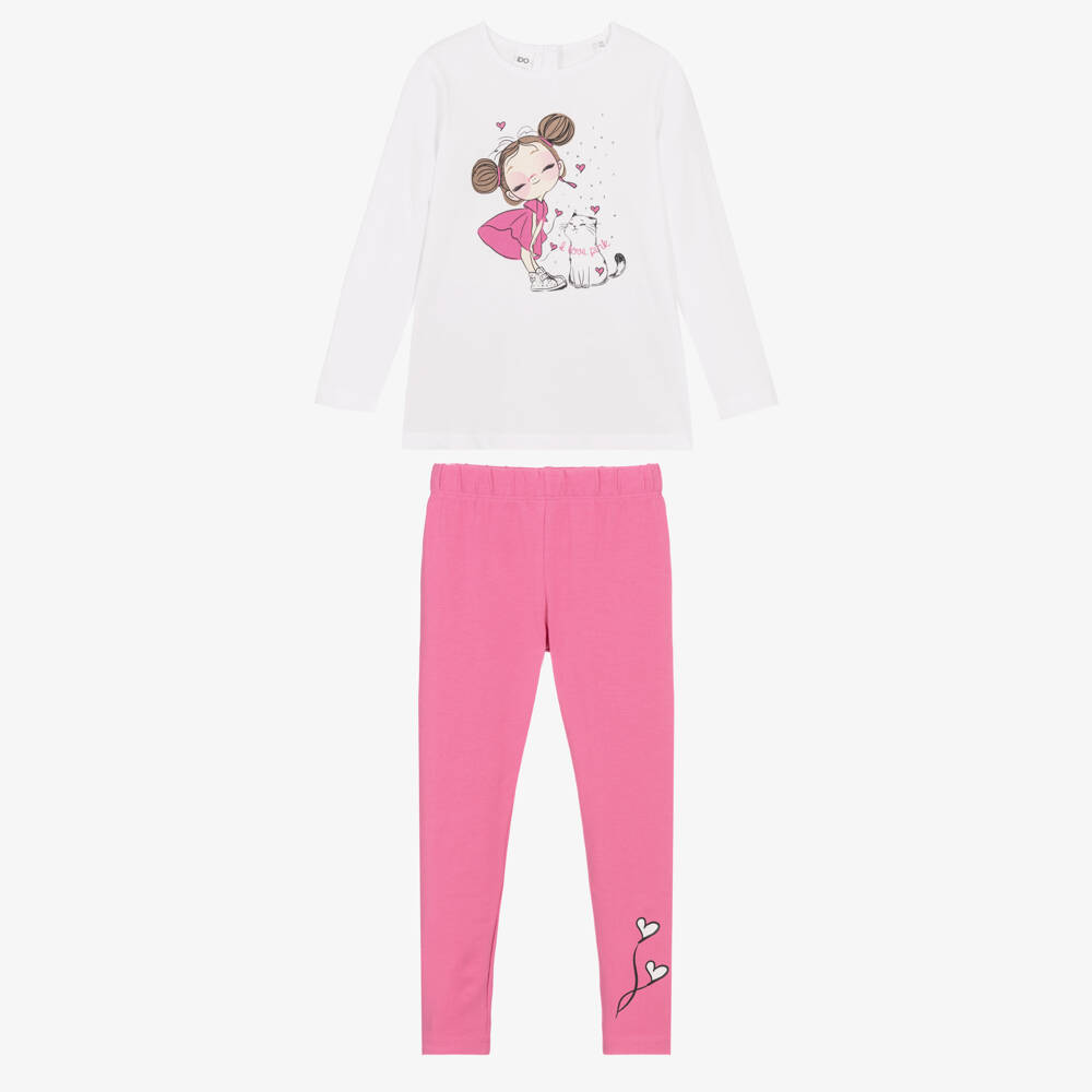 iDO-Girls White & Pink Cotton Leggings Set | Childrensalon