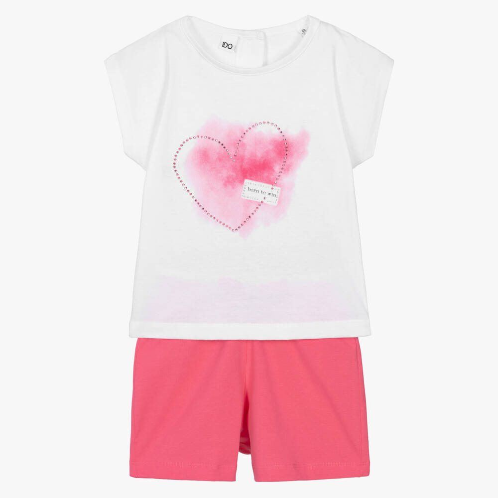 iDO-Girls White & Pink Diamanté Heart Shorts Set | Childrensalon