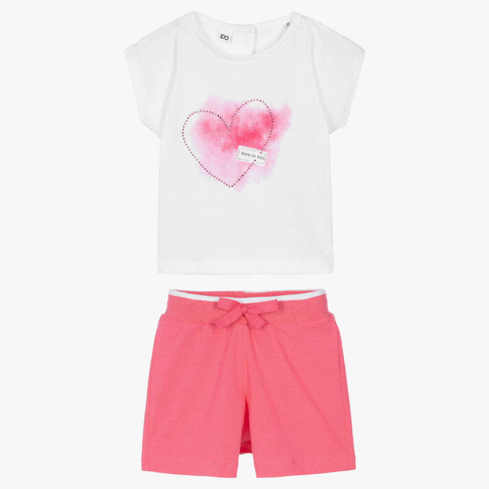 iDO-Girls White & Pink Diamanté Heart Shorts Set | Childrensalon