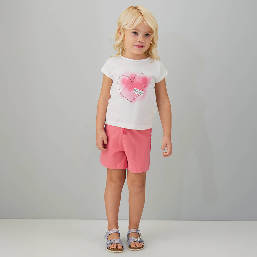 iDO-Girls White & Pink Diamanté Heart Shorts Set | Childrensalon