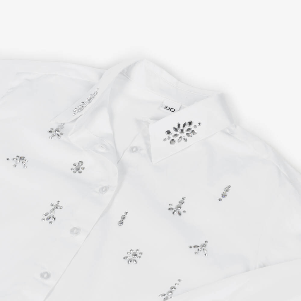 iDO-Girls White Poplin Shirt with Diamantés | Childrensalon