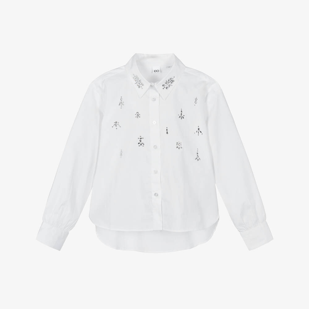 iDO-Girls White Poplin Shirt with Diamantés | Childrensalon
