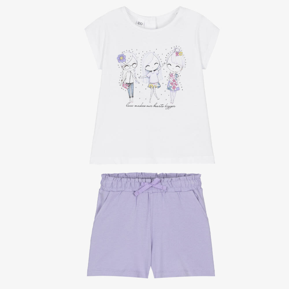 iDO-Girls White & Purple Cotton Shorts Set with Diamantés | Childrensalon