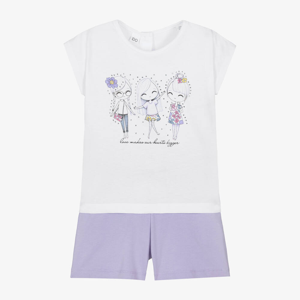 iDO-Girls White & Purple Cotton Shorts Set with Diamantés | Childrensalon