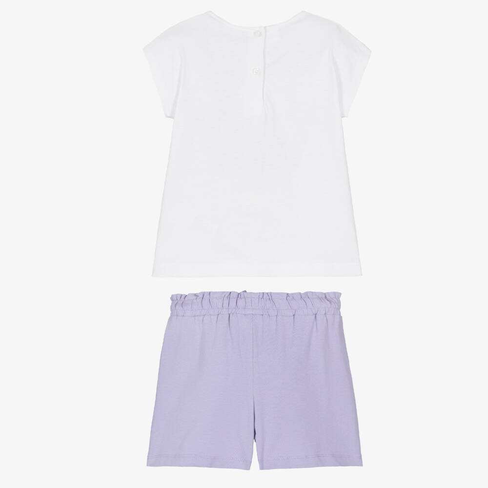 iDO-Girls White & Purple Cotton Shorts Set with Diamantés | Childrensalon