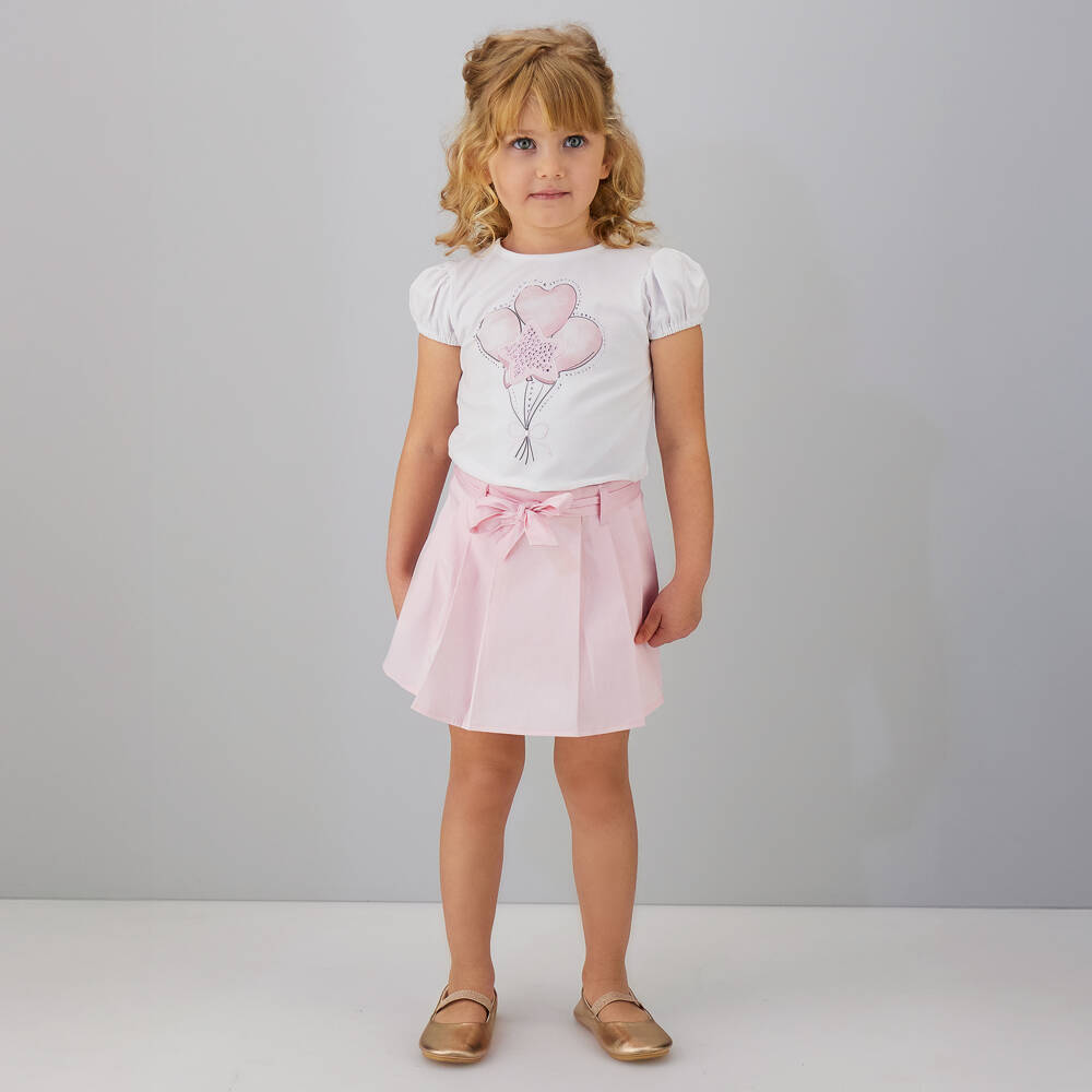 iDO-Girls White T-Shirt & Pale Pink Skort Set | Childrensalon