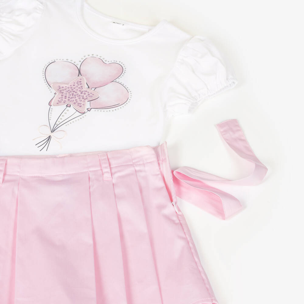 iDO-Girls White T-Shirt & Pale Pink Skort Set | Childrensalon