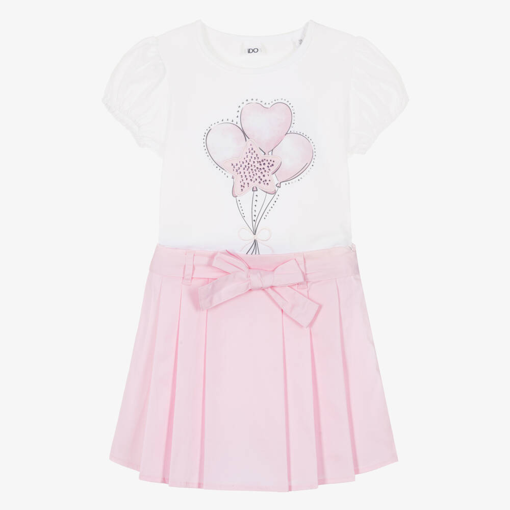 iDO-Girls White T-Shirt & Pale Pink Skort Set | Childrensalon