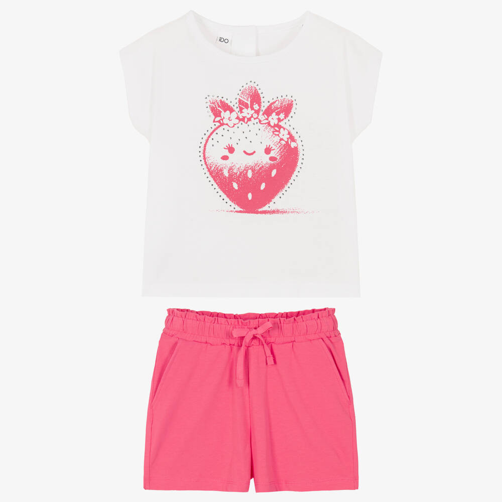 iDO-Girls White T-Shirt & Pink Cotton Shorts Set | Childrensalon