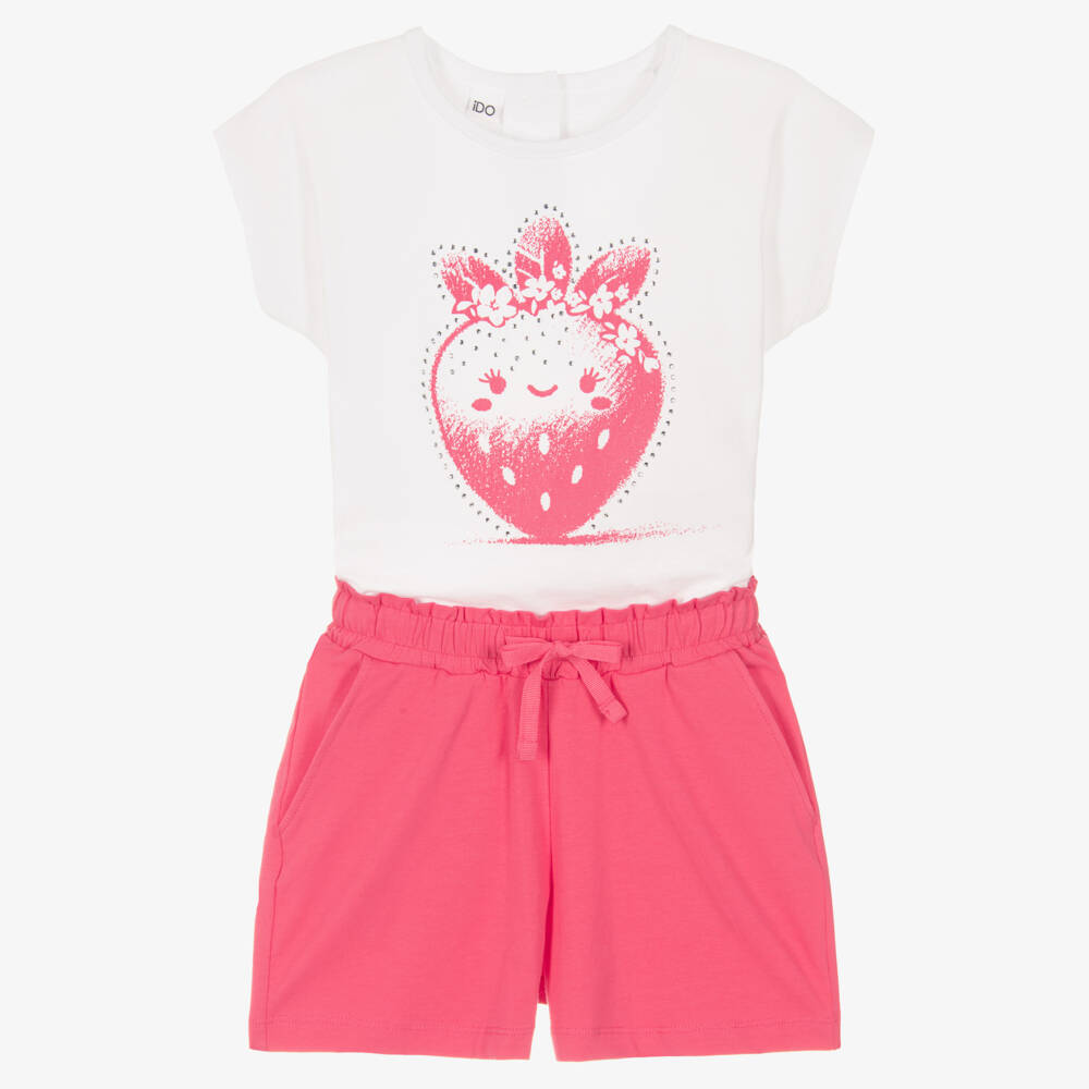 iDO-Girls White T-Shirt & Pink Cotton Shorts Set | Childrensalon