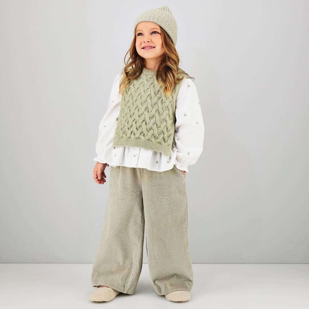 iDO-Girls Wide-Leg Trousers in Green Corduroy | Childrensalon