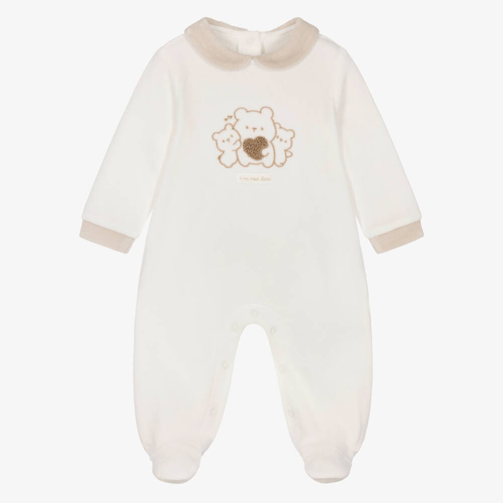 iDO-Ivory & Beige Velour Babygrow with Teddies | Childrensalon
