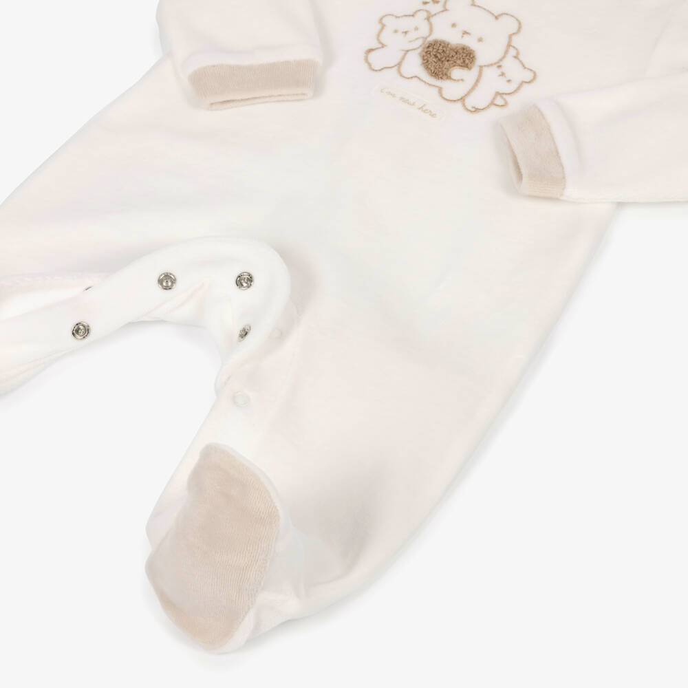 iDO-Ivory & Beige Velour Babygrow with Teddies | Childrensalon