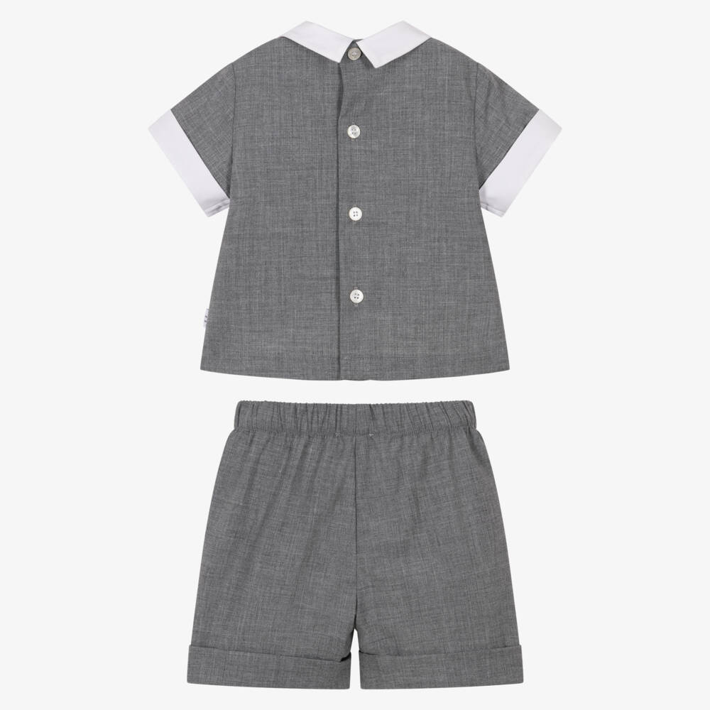 Il Gufo-Baby Boys Grey Shorts Set with White Collar | Childrensalon