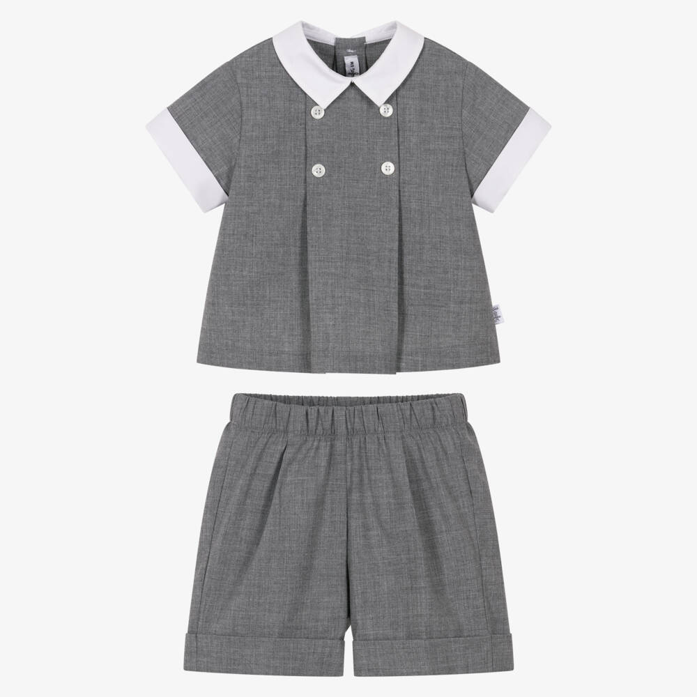 Il Gufo-Baby Boys Grey Shorts Set with White Collar | Childrensalon