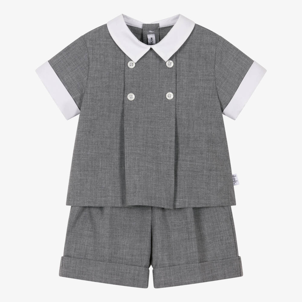 Il Gufo-Baby Boys Grey Shorts Set with White Collar | Childrensalon