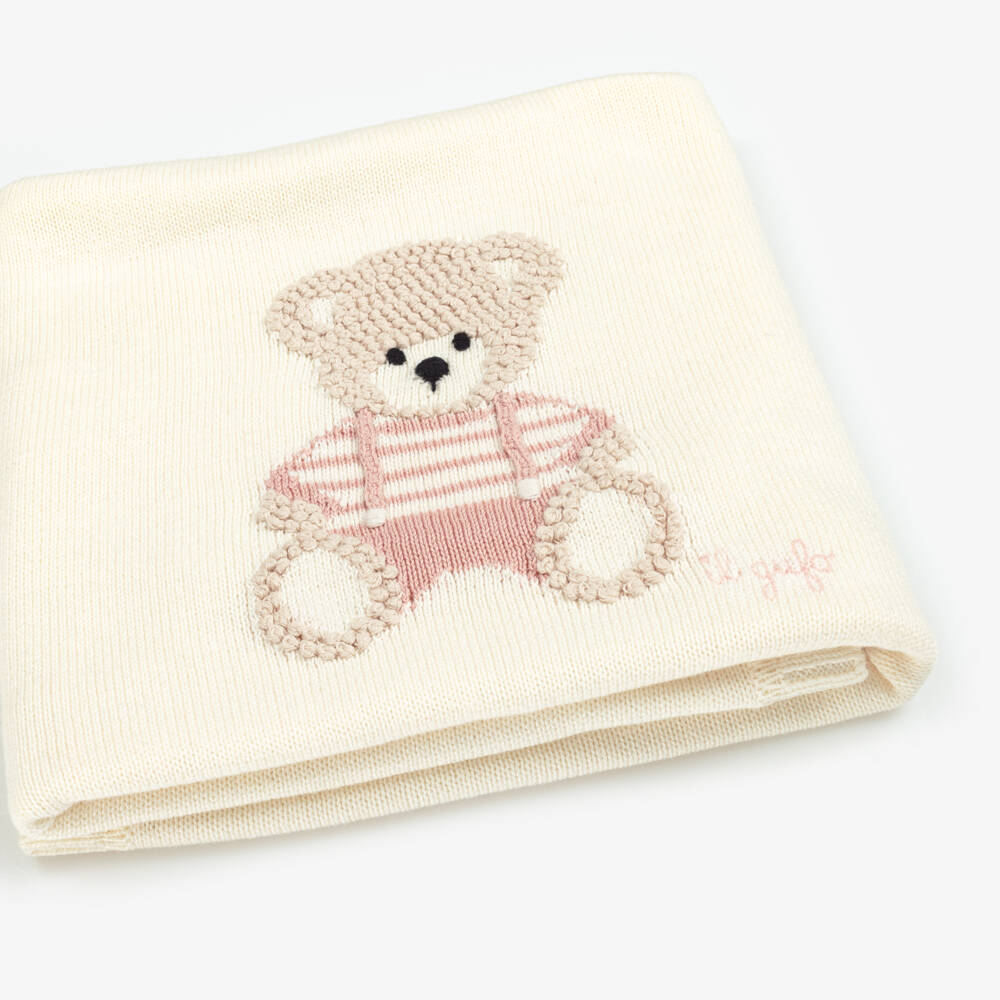 Il Gufo-Baby Boys Ivory & Pink Cotton Knit Bear Blanket (70cm) | Childrensalon