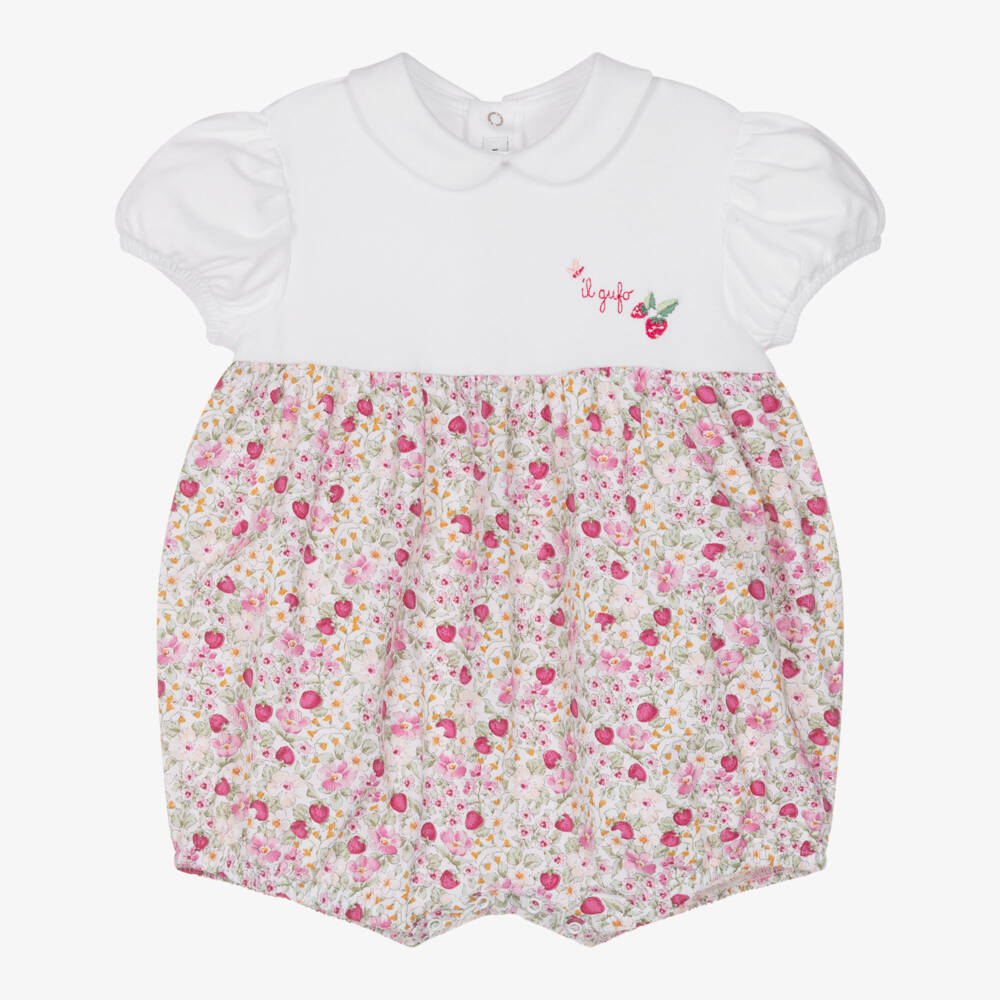 Il Gufo-Baby Girls Pink Cotton Floral Shortie with Strawberries | Childrensalon