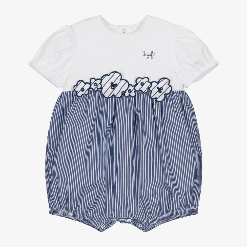 Il Gufo-Baby Girls White & Blue Striped Cotton Shortie with Flowers | Childrensalon