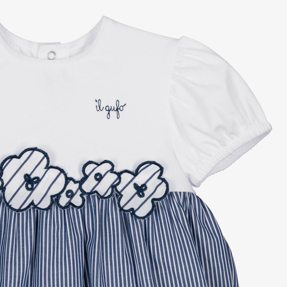 Il Gufo-Baby Girls White & Blue Striped Cotton Shortie with Flowers | Childrensalon