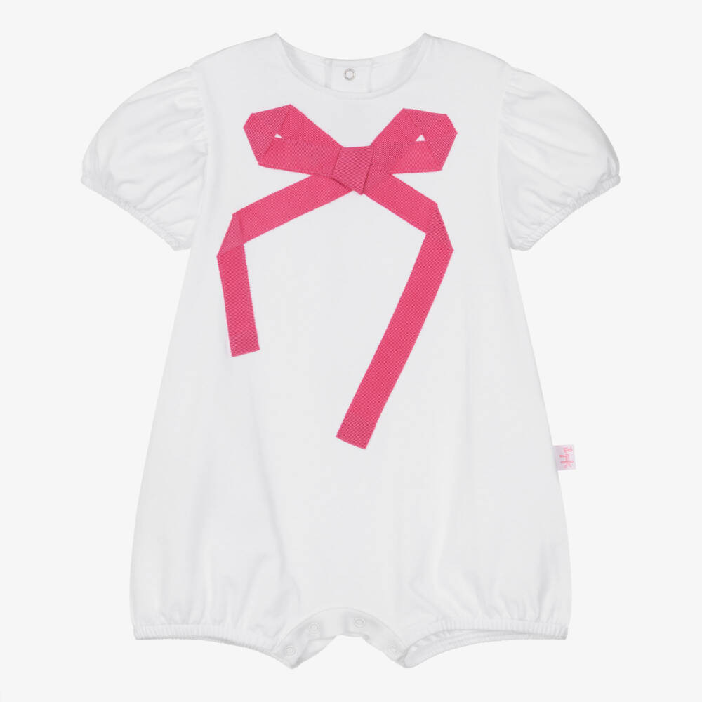 Il Gufo-Baby Girls White Cotton Shortie with Pink Grosgrain Bow | Childrensalon