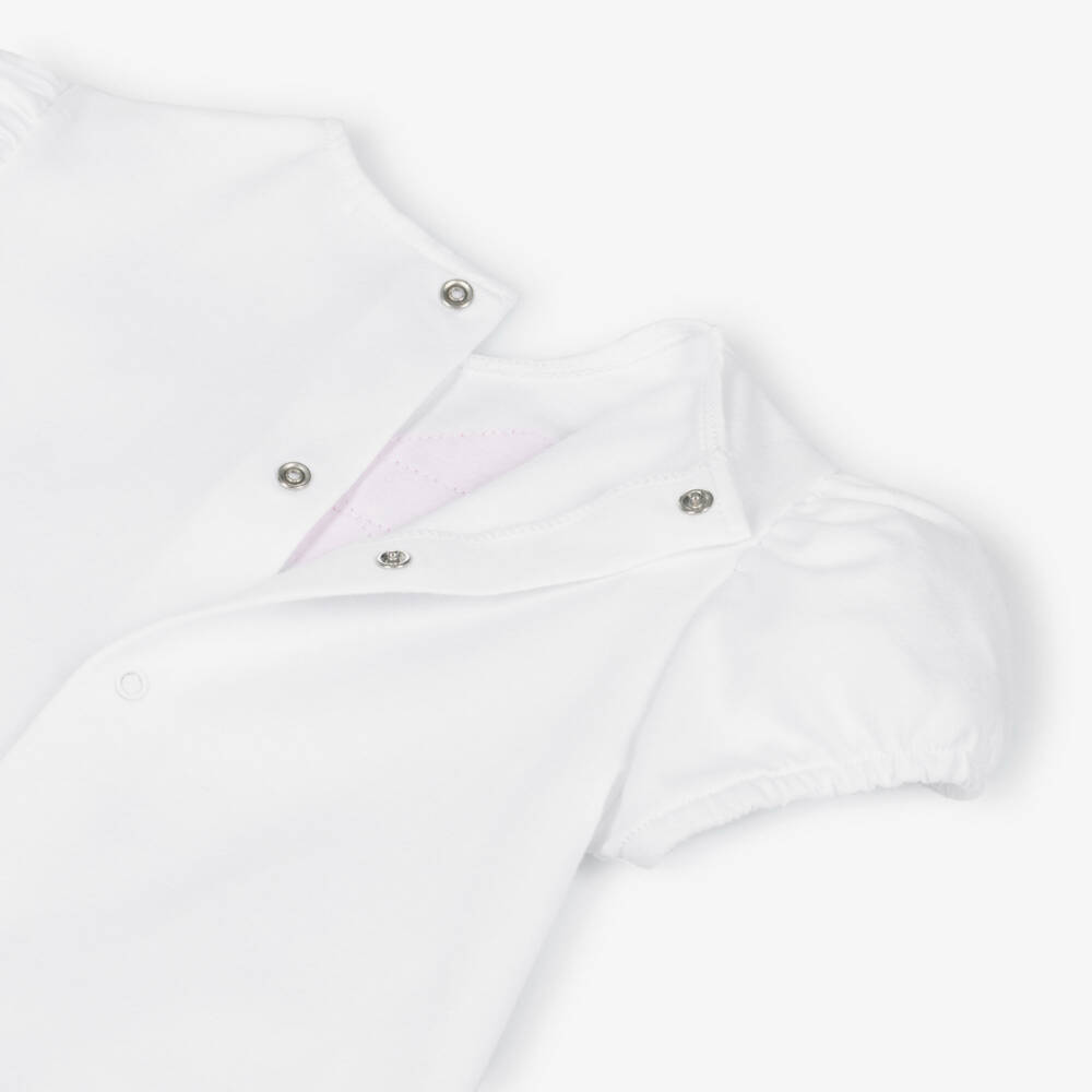 Il Gufo-Baby Girls White Cotton Shortie with Pink Grosgrain Bow | Childrensalon