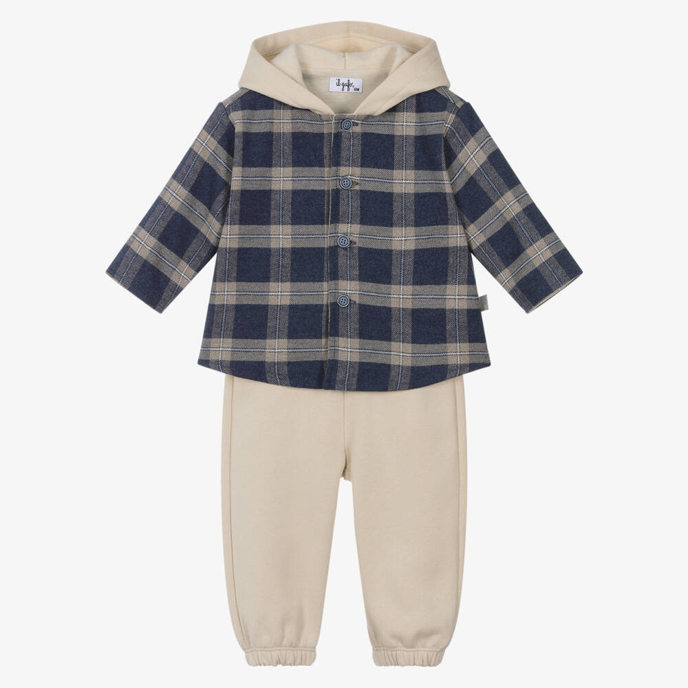 Il Gufo-Boys Beige & Blue Check Hooded Tracksuit | Childrensalon