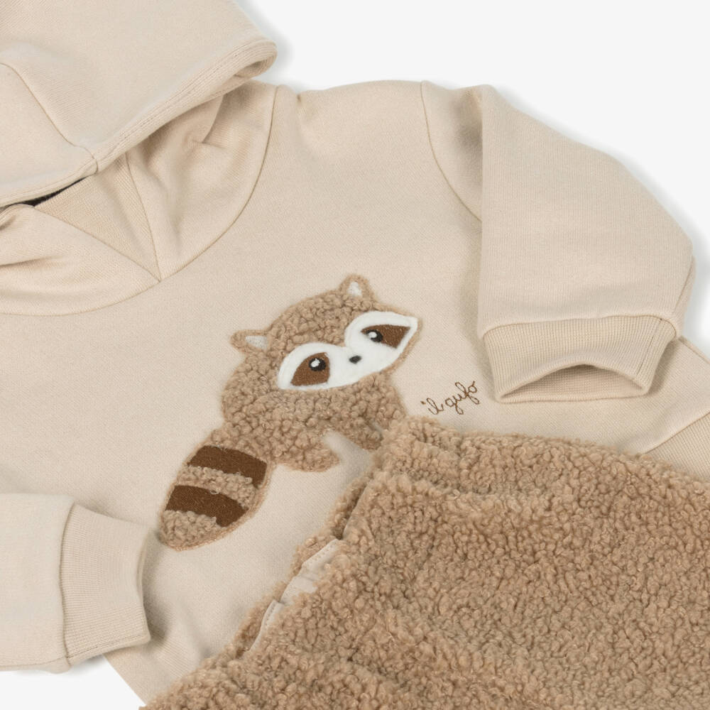 Il Gufo-Boys Beige Cotton Bouclé Racoon Tracksuit | Childrensalon