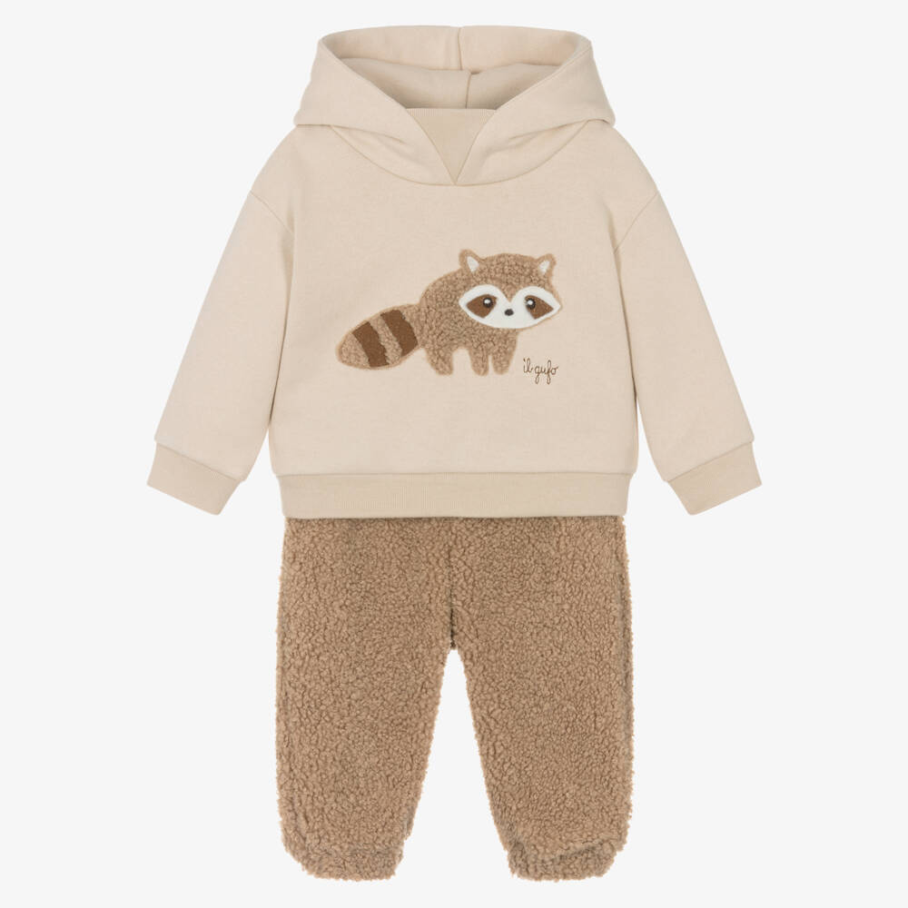 Il Gufo-Boys Beige Cotton Bouclé Racoon Tracksuit | Childrensalon
