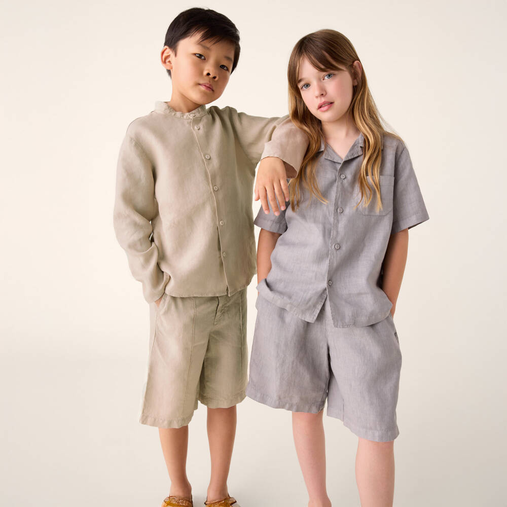 Il Gufo-Boys Beige Linen Shorts Set | Childrensalon