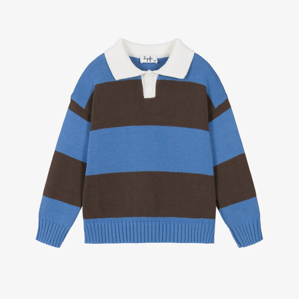 Il Gufo-Boys Blue & Brown Cotton Knit Polo Sweater | Childrensalon
