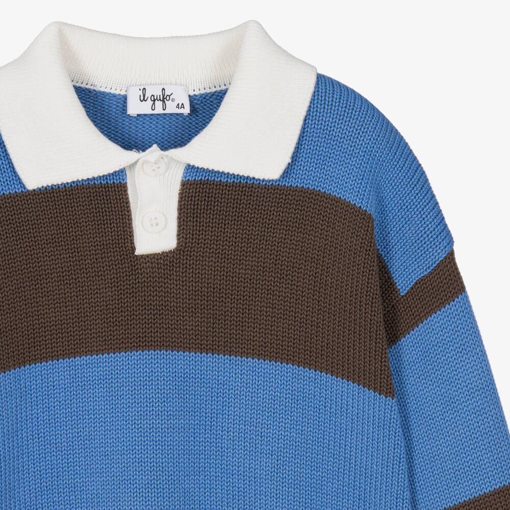 Il Gufo-Boys Blue & Brown Cotton Knit Polo Sweater | Childrensalon
